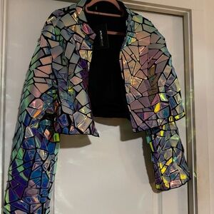 Iridescent Mosaic Cropped Bomber Jacket - Multi